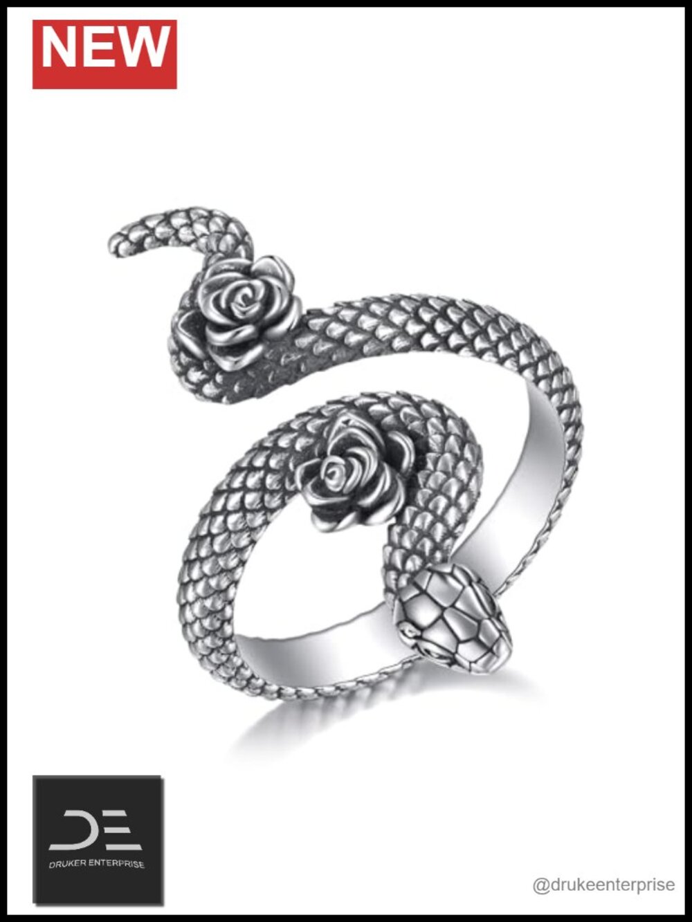 Snake Ring 925 Sterling Silver Gothic Rose Adjustable Thumb Open Ring Snake
